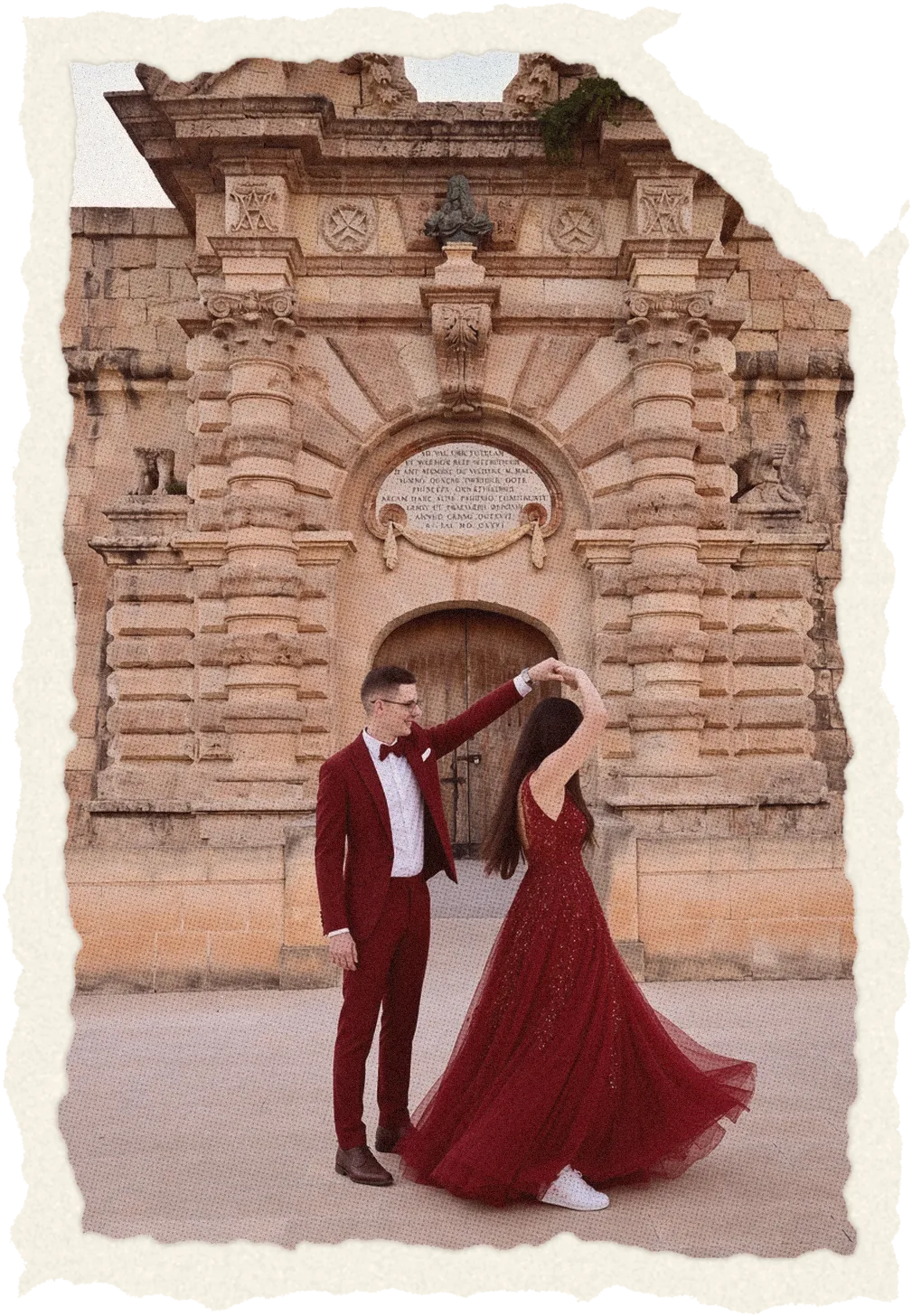 Axel spinning Jen in front of a stone gate